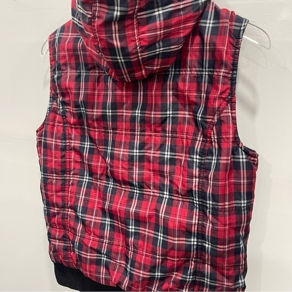Hurley Red Plaid Puffer Vest Jacket Hooded Ribbed Knit Trim Women’s Large - Picture 6 of 10